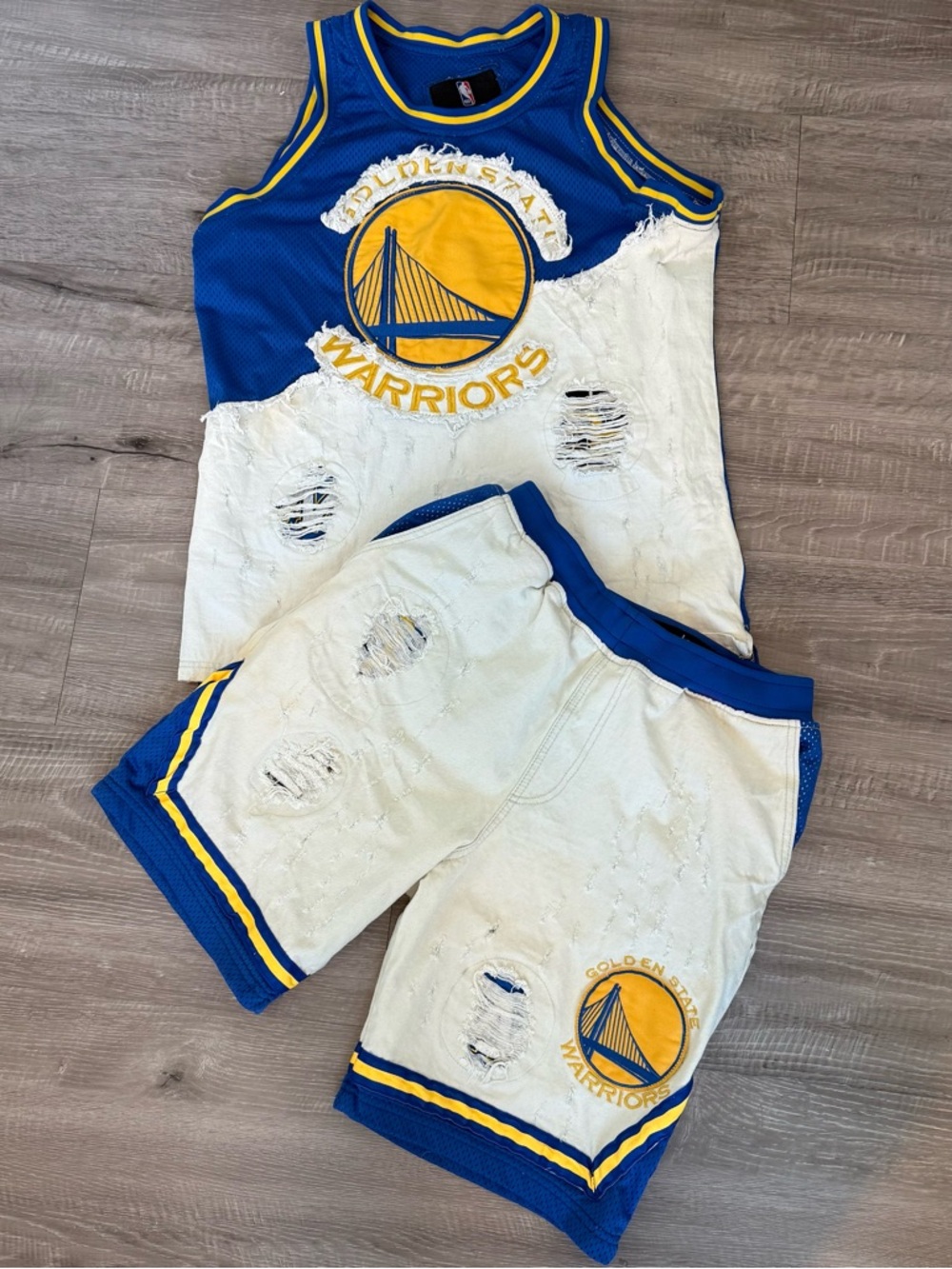 UNK NBA Golden State Warriors Distressed Denim Mesh Basketball Jersey Shorts XL